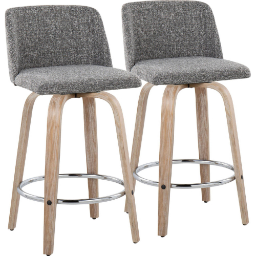 Toriano 26" Swivel Counter Stool in White Washed Wood & Grey Noise Fabric & Chrome (Set of 2)